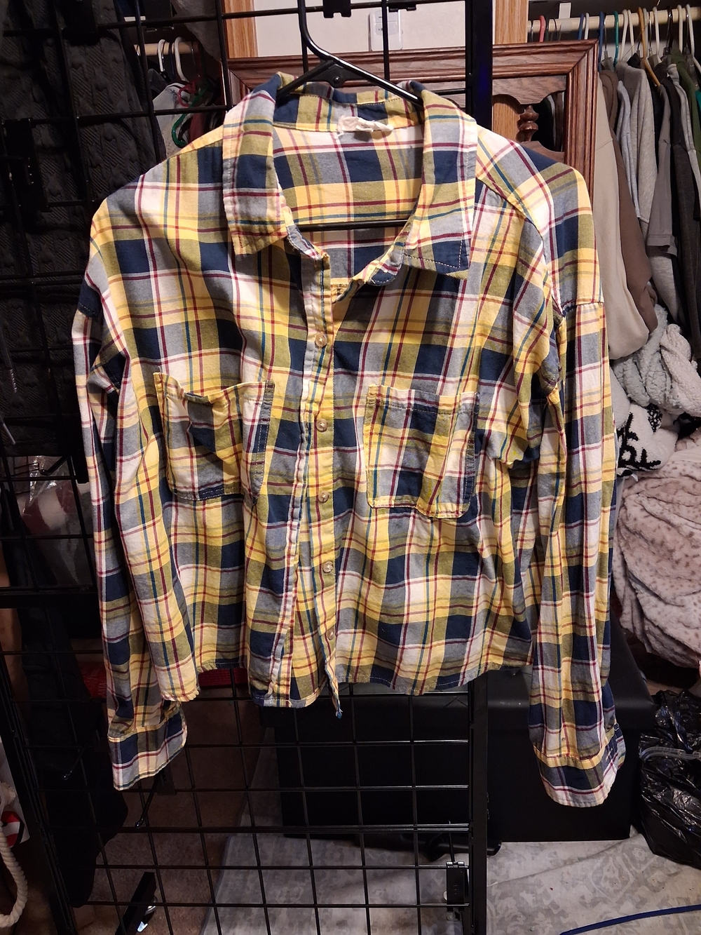 Easel Yellow Navy Plaid Button-Up Shirt